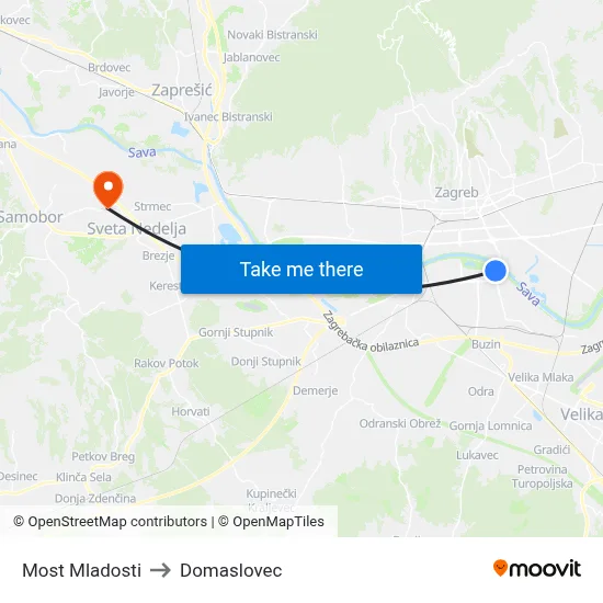 Most Mladosti to Domaslovec map