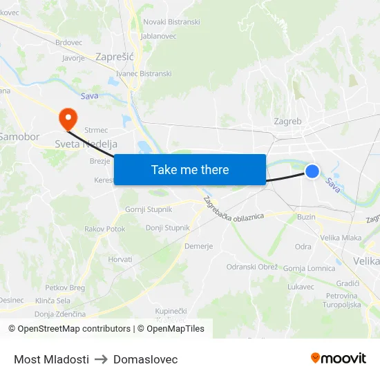 Most Mladosti to Domaslovec map