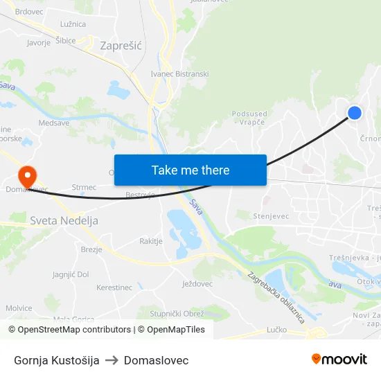 Gornja Kustošija to Domaslovec map