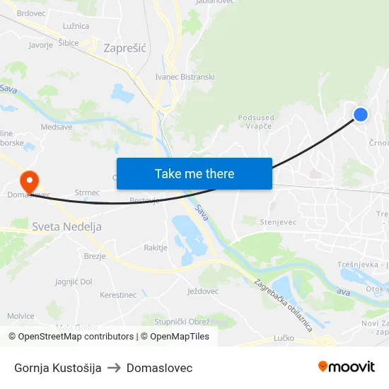 Gornja Kustošija to Domaslovec map