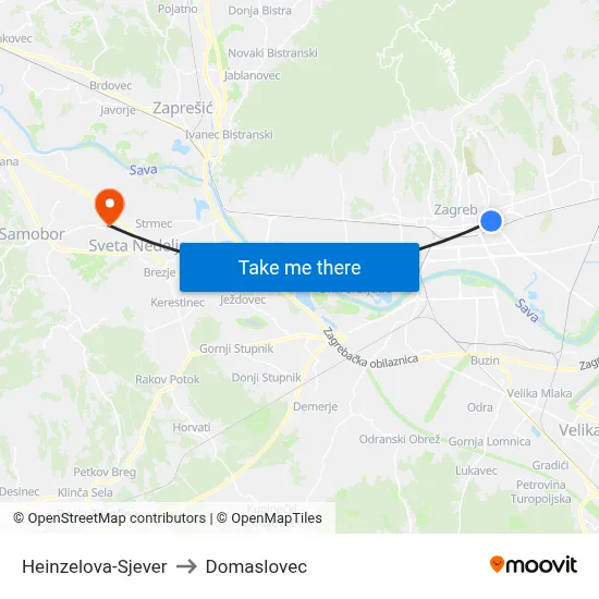 Heinzelova-Sjever to Domaslovec map