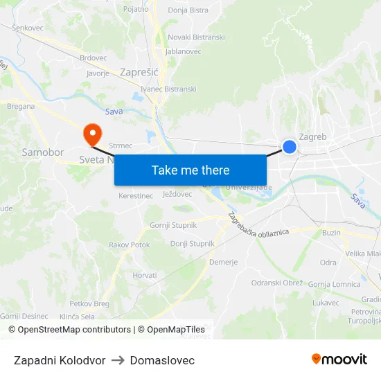 Zapadni Kolodvor to Domaslovec map