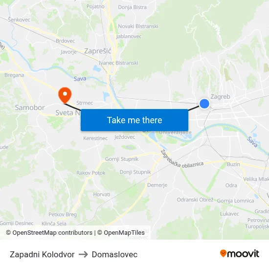 Zapadni Kolodvor to Domaslovec map