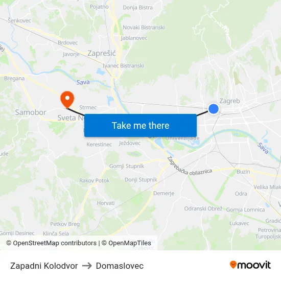 Zapadni Kolodvor to Domaslovec map