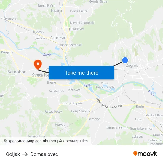 Goljak to Domaslovec map