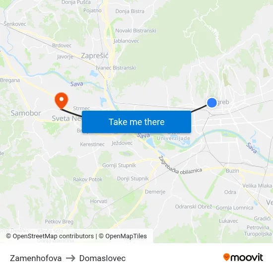 Zamenhofova to Domaslovec map