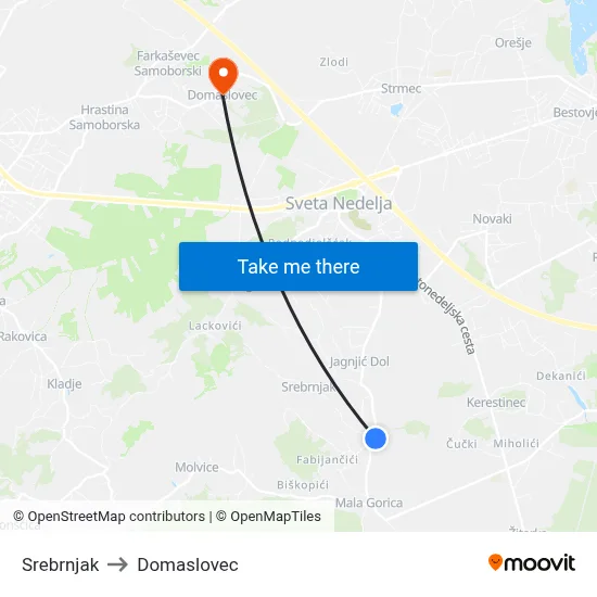 Srebrnjak to Domaslovec map