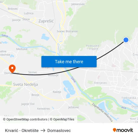 Krvarić - Okretište to Domaslovec map