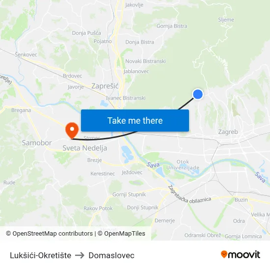 Lukšići-Okretište to Domaslovec map