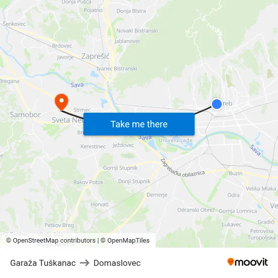 Garaža Tuškanac to Domaslovec map