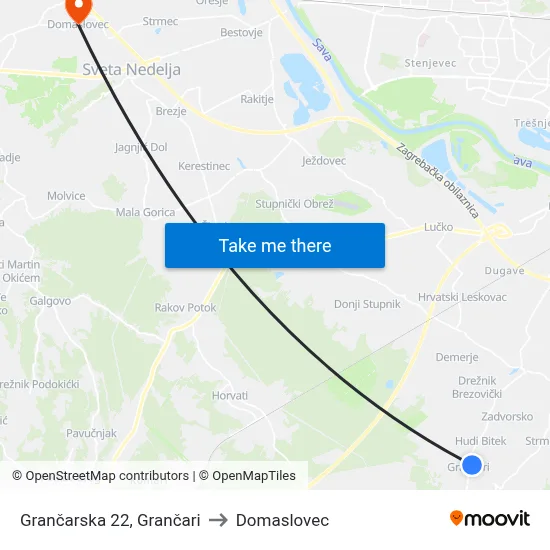 Grančarska 22, Grančari to Domaslovec map