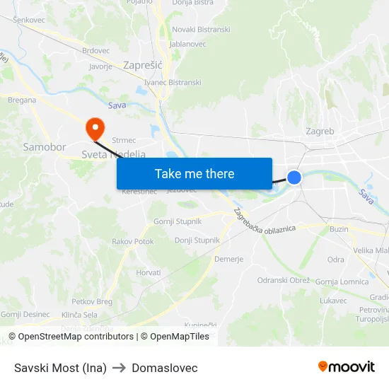 Savski Most (Ina) to Domaslovec map
