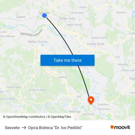 Sesvete to Opća Bolnica ''Dr. Ivo Pedišić'' map