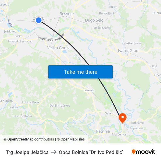Trg Josipa Jelačića to Opća Bolnica ''Dr. Ivo Pedišić'' map