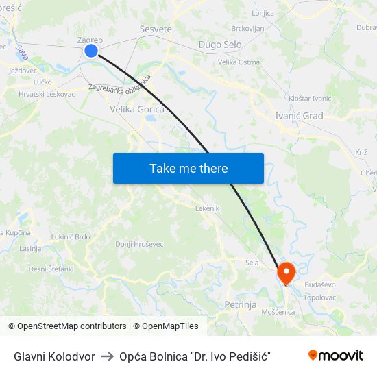 Glavni Kolodvor to Opća Bolnica ''Dr. Ivo Pedišić'' map