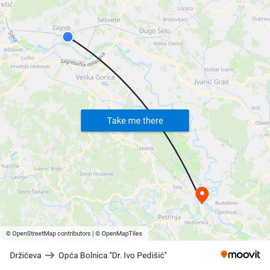 Držićeva to Opća Bolnica ''Dr. Ivo Pedišić'' map