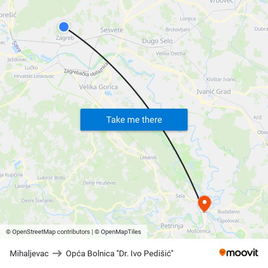 Mihaljevac to Opća Bolnica ''Dr. Ivo Pedišić'' map