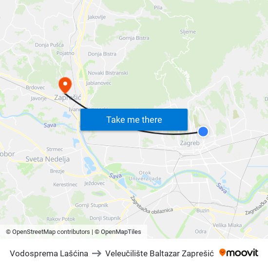 Vodosprema Lašćina to Veleučilište Baltazar Zaprešić map