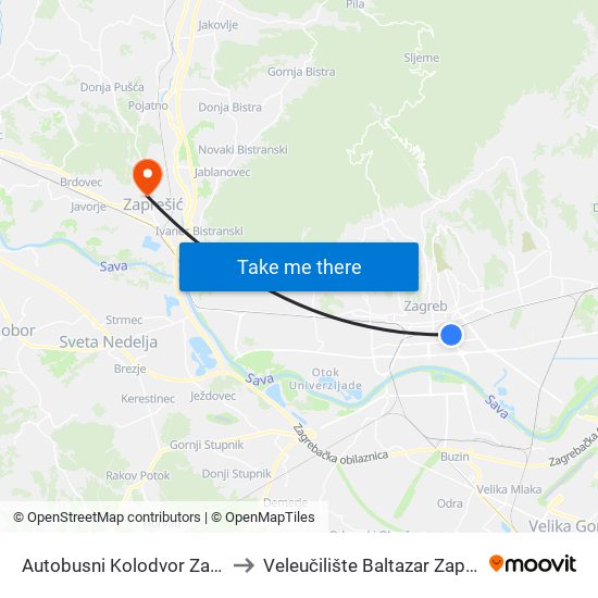 Autobusni Kolodvor Zagreb to Veleučilište Baltazar Zaprešić map