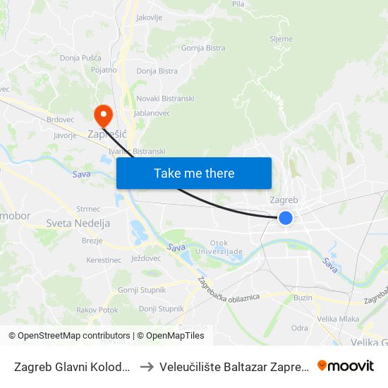 Zagreb Glavni Kolodvor to Veleučilište Baltazar Zaprešić map