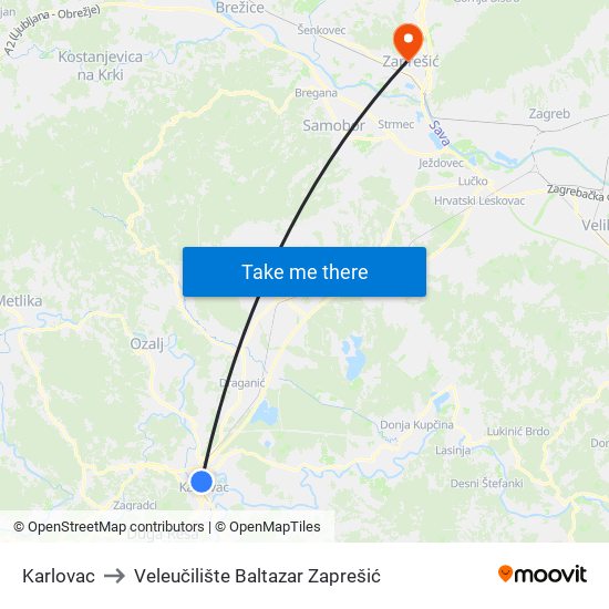Karlovac to Veleučilište Baltazar Zaprešić map