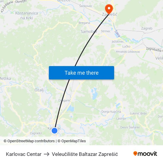 Karlovac Centar to Veleučilište Baltazar Zaprešić map