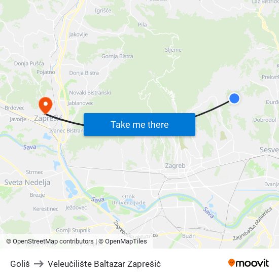 Goliš to Veleučilište Baltazar Zaprešić map