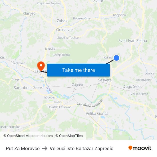 Put Za Moravče to Veleučilište Baltazar Zaprešić map