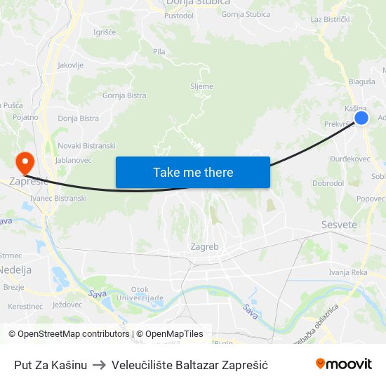 Put Za Kašinu to Veleučilište Baltazar Zaprešić map