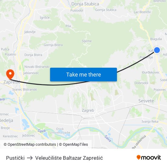 Pustički to Veleučilište Baltazar Zaprešić map