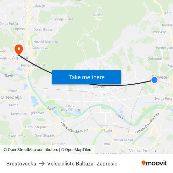 Brestovečka to Veleučilište Baltazar Zaprešić map