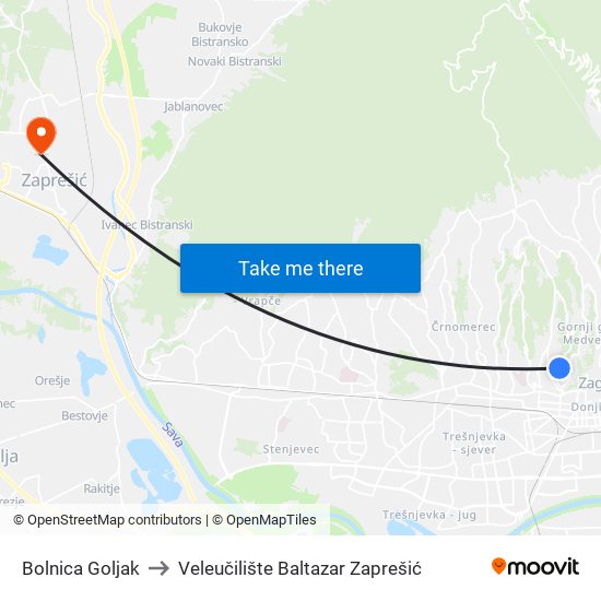 Bolnica Goljak to Veleučilište Baltazar Zaprešić map