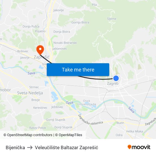 Bijenička to Veleučilište Baltazar Zaprešić map