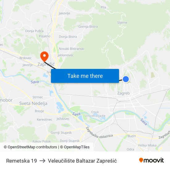 Remetska 19 to Veleučilište Baltazar Zaprešić map