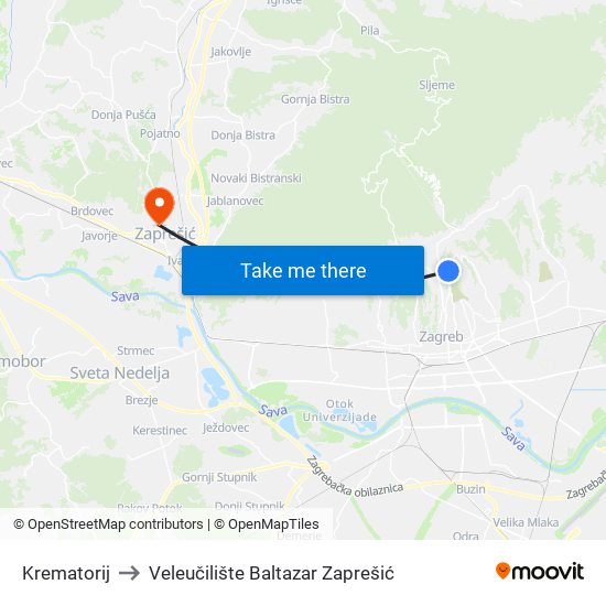 Krematorij to Veleučilište Baltazar Zaprešić map