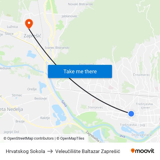 Hrvatskog Sokola to Veleučilište Baltazar Zaprešić map
