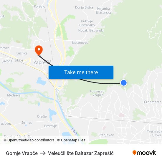 Gornje Vrapče to Veleučilište Baltazar Zaprešić map