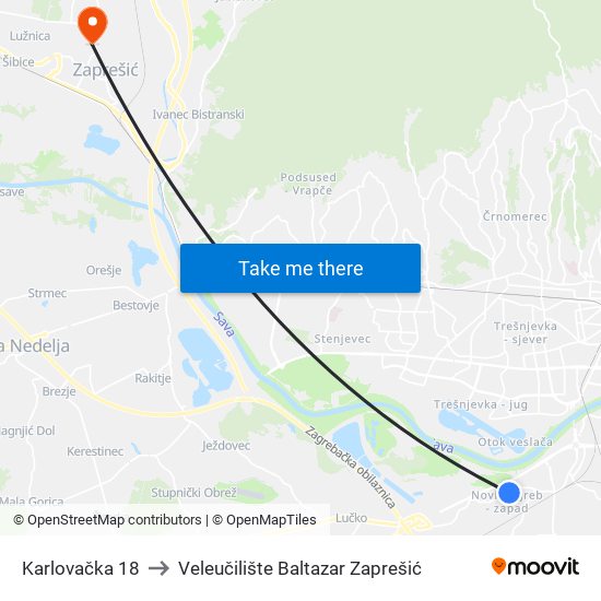 Karlovačka 18 to Veleučilište Baltazar Zaprešić map