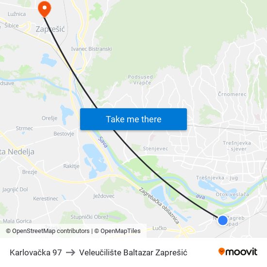 Karlovačka 97 to Veleučilište Baltazar Zaprešić map