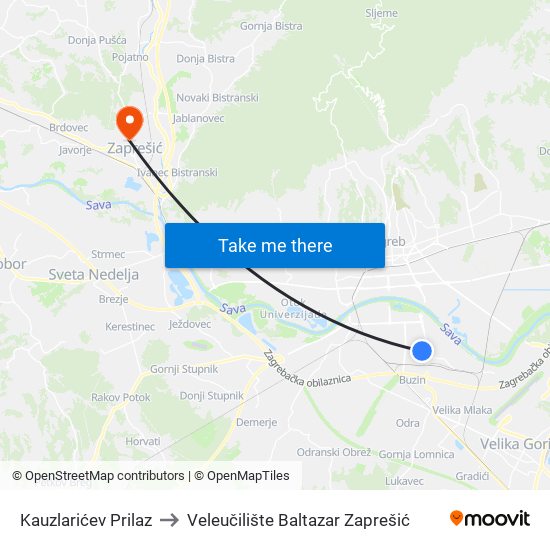Kauzlarićev Prilaz to Veleučilište Baltazar Zaprešić map