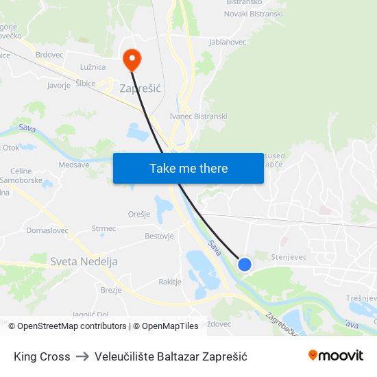 King Cross to Veleučilište Baltazar Zaprešić map