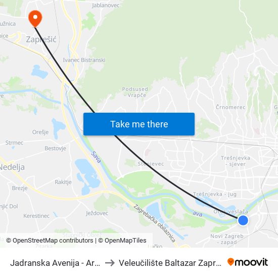 Jadranska Avenija - Arena to Veleučilište Baltazar Zaprešić map