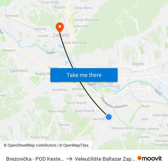 Brezovička - POD Kestenima to Veleučilište Baltazar Zaprešić map