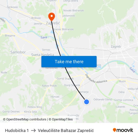 Hudobička 1 to Veleučilište Baltazar Zaprešić map