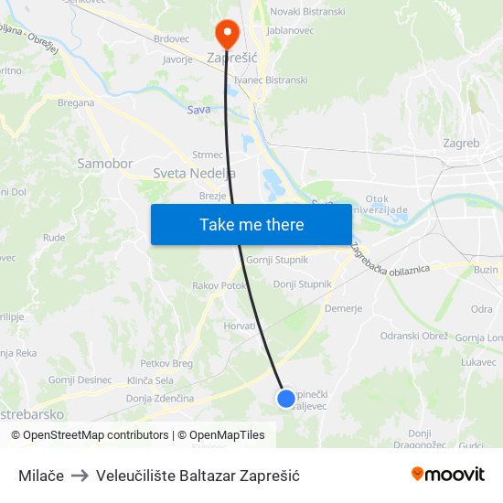 Milače to Veleučilište Baltazar Zaprešić map