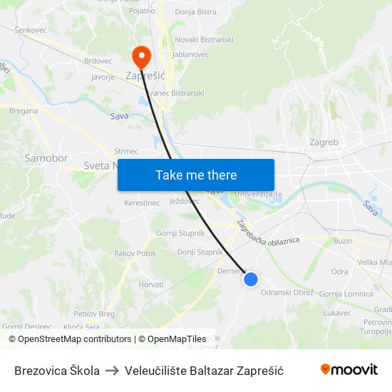 Brezovica Škola to Veleučilište Baltazar Zaprešić map