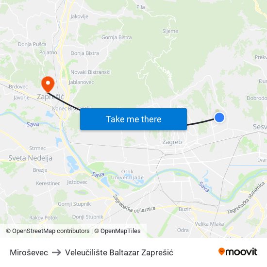 Miroševec to Veleučilište Baltazar Zaprešić map