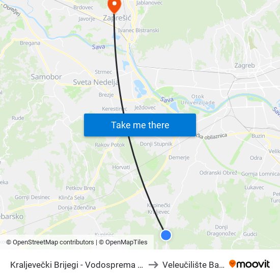 Kraljevečki Brijegi - Vodosprema (Kupinečki Kraljevac - Tihi Gaj) to Veleučilište Baltazar Zaprešić map