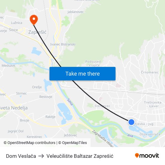 Dom Veslača to Veleučilište Baltazar Zaprešić map