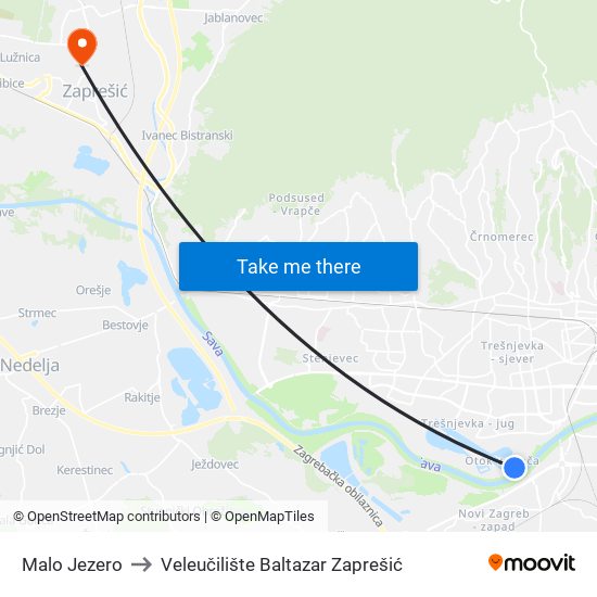Malo Jezero to Veleučilište Baltazar Zaprešić map